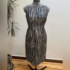 Vintage Talbots Petites Pure Silk Sheath Dress Navy Gold Leaf Print
